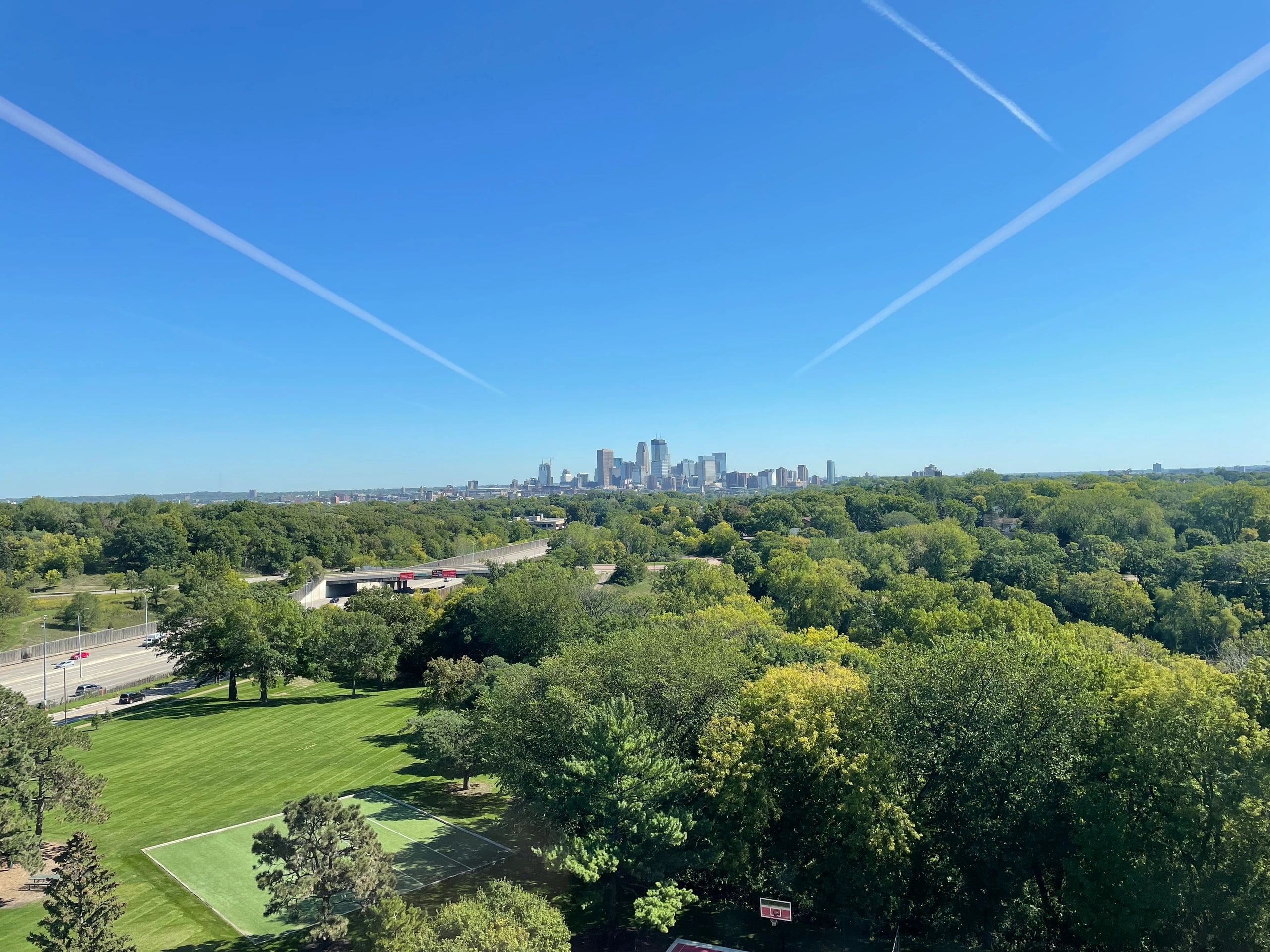City skyline viewed beyond a lush green park under a clear blue sky.
