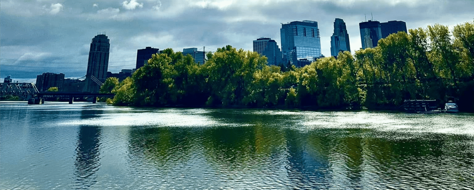 Urban landscape with trees and water