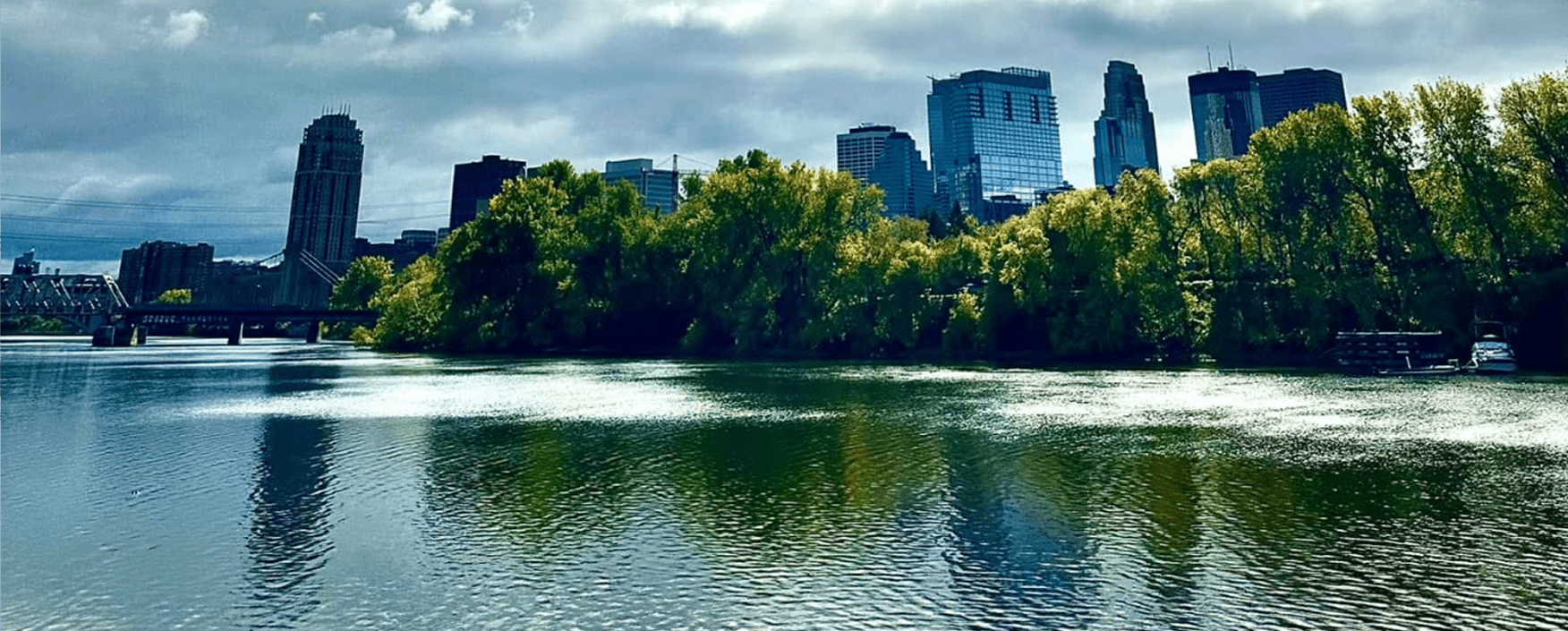 Urban landscape with trees and water